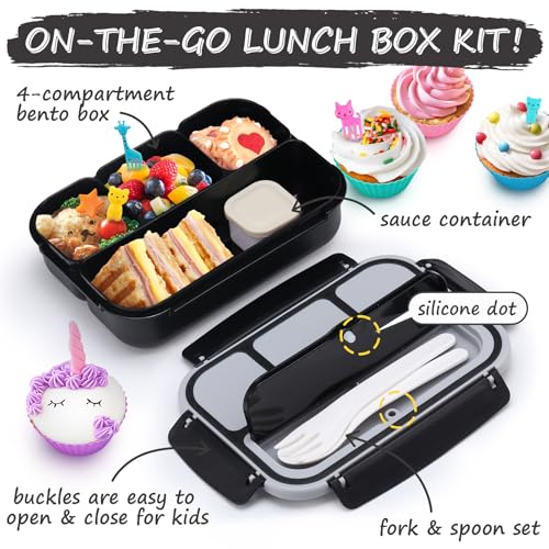 QQKO Bento Box for Kids Adults, School Toddler Lunch Box for Boys Girls, Lunch Box Containers with 4 Compartments, Sauce Container, Utensils, Food Picks and Muffin Cups for School, Black Gray - color: Black Gray