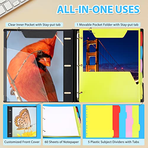 WOT I 1-Pack Telescoping 3 Ring Binder Notebook - Customizable Cover, 5 Dividers & Pocket Folder in One Slim Organizer (60 Sheets Included), Black - color: Black, size: 1 Pack
