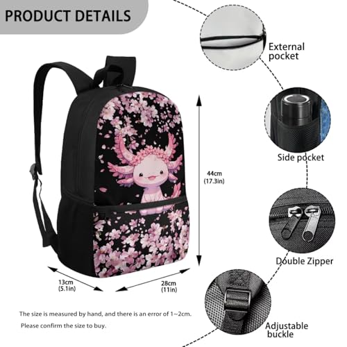 CLOHOMIN 3 in 1 Backpack with Lunch Box for Kids Cute Axolotl Bookbag for School Girls Lunch Bag and Water Bottle Bag Cherry Blossom Schoolbag for Elementary Middle School, 17 Inch - color: Axolotl Cherry Blossom