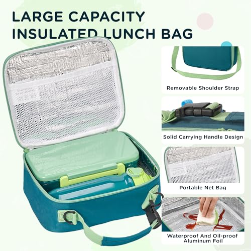 MAISON HUIS Bento Box for Kids with 8oz Soup Thermo, Insulated Lunch Bag & 17oz Water Bottle, 2-Compartment Bento Box with Built-In Ice Pack, Leak-Proof & BPA-Free (Green) - color: Green