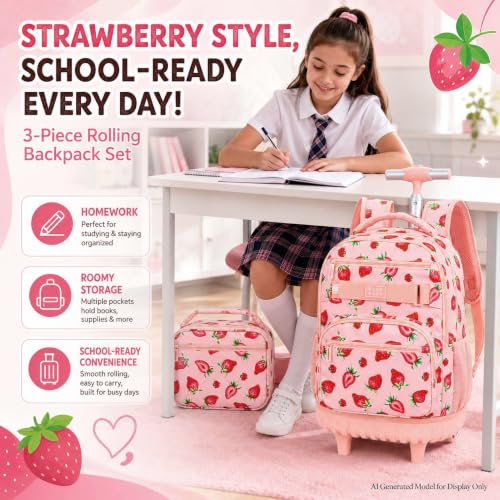 HPJGD Rolling Backpack for Girls, Womens Strawberry School Backpacks with Wheels, Water-Resistant Roller Kids Wheeled Bookbag Set with Lunch Box - color: Pink Strawberry Rolling Set