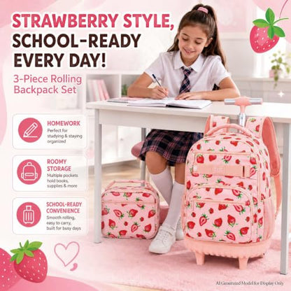 HPJGD Rolling Backpack for Girls, Womens Strawberry School Backpacks with Wheels, Water-Resistant Roller Kids Wheeled Bookbag Set with Lunch Box - color: Pink Strawberry Rolling Set