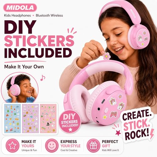 MIDOLA Active Noise Cancelling Kids Bluetooth Headphones,68H Play Time,Lightweight Wireless Foldable Over-Ear Headphone for Kid Toddler,Volume Limited 85/94dB,Headsets with Built-in Mic Pink - color: Pink