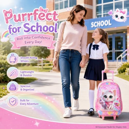 CCJPX 3PCS Rolling Backpack for Girls, Kids Cat Roller Wheels School Bookbag with Lunch Bag, Wheeled School Bag for Toddler Elementary Children - color: Pink Cat