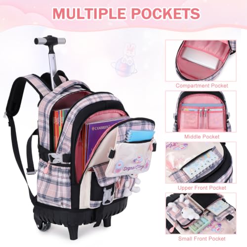 FIXITOK Rolling Backpack for Girls, Kawaii Bunny Roller Wheels School Backpacks with Lunch Bag Pencil case, Wheeled Suitcase Bookbag for Elementary Travel Plaid-Blackpink - color: Plaid-blackpink