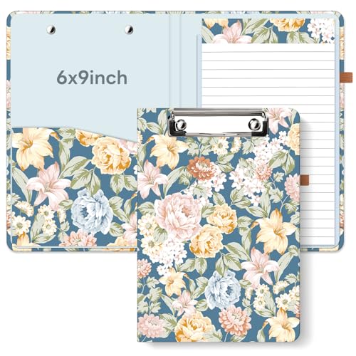 A5 Clipboard Folio 6x9in Refillable for School, Blue Flowers | No-spiral reusable notepad portfolio with sturdy cardboard cover, Travel-friendly for work, school and office - color: Blue Flowers