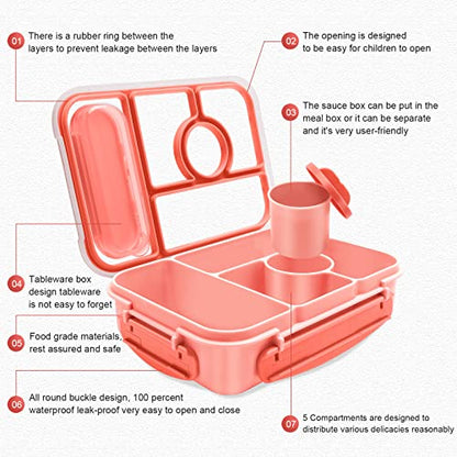 Amathley Bento Box Adult Lunch Box Kids,Lunch Containers for Adults/Kids/Toddler,5 Compartments Bento Lunch Box with Sauce Vontainers,Microwave & Dishwasher & Freezer Safe,BPA-Free (Pink) - color: Pink