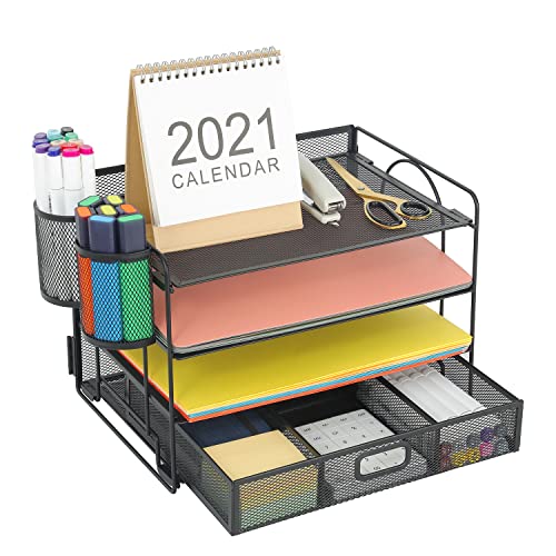 Marbrasse Desk Organizer and Accessories, 4-Tier Paper File Letter Tray Accessories & Workspace Desk Organizers with Drawer and 2 Pen Holders for School Home Office Supplies (Black) - color: Black With Pen Holder