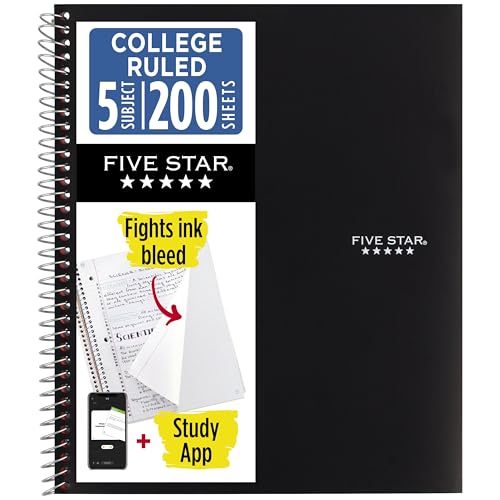 Five Star Spiral Notebook + Study App, 5 Subject, College Ruled Paper, 8-1/2" x 11", 200 Sheets, Fights Ink Bleed, Water Resistant Cover, Black (72081) - color: Black, size: 1 Count (Pack of 1)