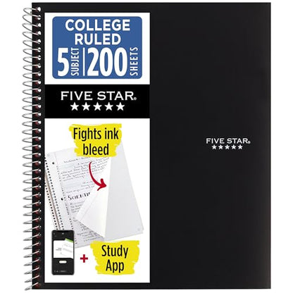 Five Star Spiral Notebook + Study App, 5 Subject, College Ruled Paper, 8-1/2" x 11", 200 Sheets, Fights Ink Bleed, Water Resistant Cover, Black (72081) - color: Black, size: 1 Count (Pack of 1)