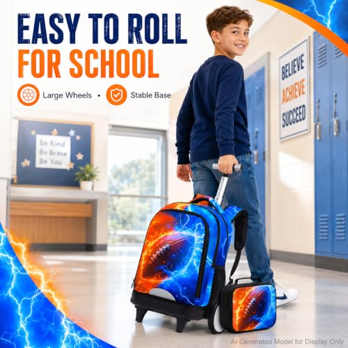 gxtvo Large Wheels & Quiet Glide | Rolling Backpack for Kids - Water-Resistant Wheeled Bag with Lunch Box for School, Travel & Outings - Fire & Lightning Rugby - color: Rolling Backpack Fire Lightning Rugby