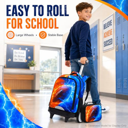 gxtvo Large Wheels & Quiet Glide | Rolling Backpack for Kids - Water-Resistant Wheeled Bag with Lunch Box for School, Travel & Outings - Fire & Lightning Rugby - color: Rolling Backpack Fire Lightning Rugby