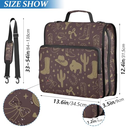 Zipper Binder Bag 3 Ring File Folder Portfolio Organizer Zippered Binder Bags with Strap Fits Laptop Women Men - color: 31-western Cowgirl Dark Brown