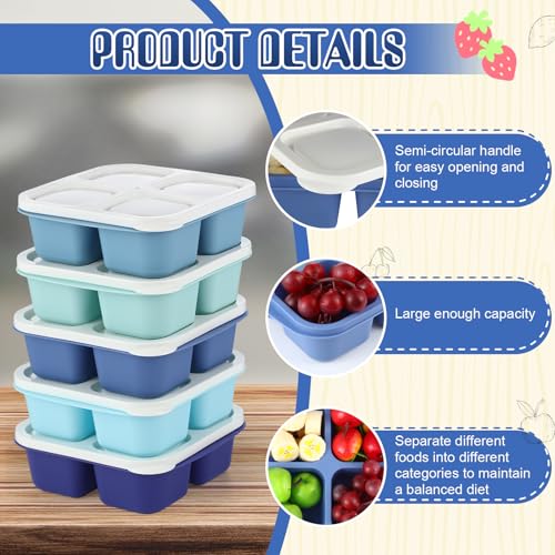 Honeydak 5 Pack Snack Containers 4 Compartment Bento Snack Boxes Reusable Lunchable Containers with Lids Divided Meal Prep Lunch Food Storage Box for School Work Travel(Blue Ombre,Equal) - color: Blue Ombre, style: Equal