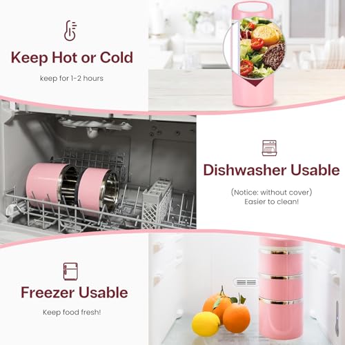 Lille Home Stackable Stainless Steel Thermal Compartment Lunch/Snack Box, 3-Tier Insulated Bento/Food Container with Lunch Bag and Three Extra Seals, 43OZ (Pink) - color: Pink