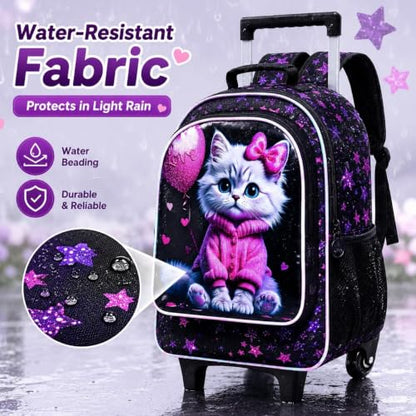CCJPX 3Pcs Cat Rolling Backpack for Girls, 18" Kids Wheeled Bookbag with Lunch Box, Lightweight Roller School Bag for Elementary Preschool (Black) - color: Pink-clothed Cat