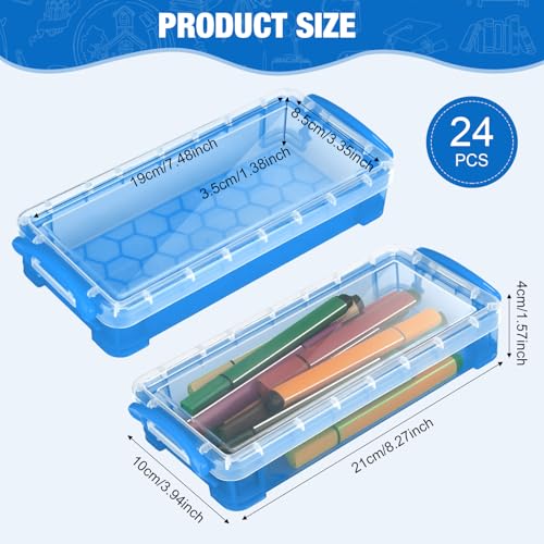 Gueevin 24 Pcs Large Capacity Plastic Pencil Box Clear Plastic Pencil Case Crayon Box with Snap Tight Lid Watercolor Pen Storage Brush Organizer Drawing Tools Container (Cute Blue) - color: Cute Blue