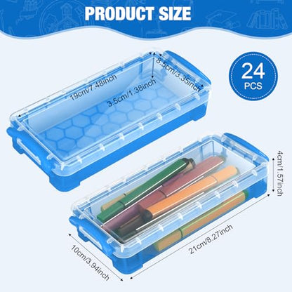 Gueevin 24 Pcs Large Capacity Plastic Pencil Box Clear Plastic Pencil Case Crayon Box with Snap Tight Lid Watercolor Pen Storage Brush Organizer Drawing Tools Container (Cute Blue) - color: Cute Blue