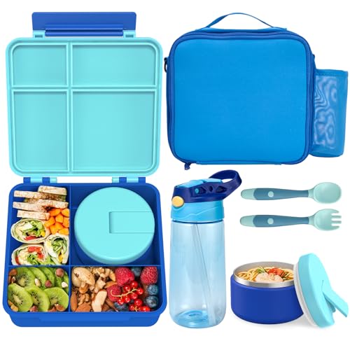 Kids Bento Lunch Box with 8oz Soup Thermo, Water Bottle, Kids Leakproof Lunch Food Containers with 4 Compartment, Insulated Hot Food Jar with Lunch Bag for School, Trvael (Blue) - color: Blue