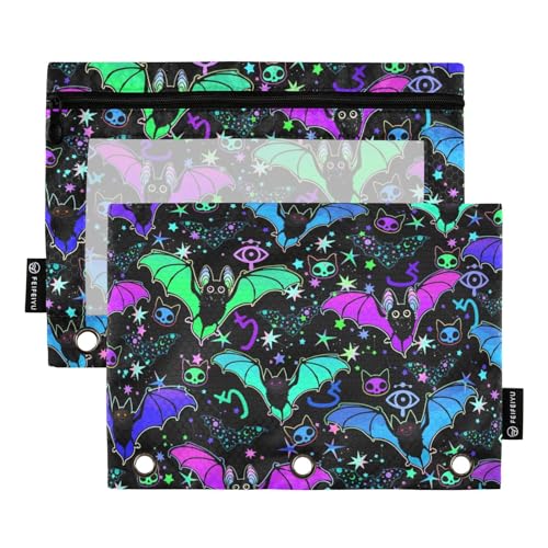 Psychedelic Bats Pencil Pouches Bags for 3 Ring Binder, 2 Pack Zipper Stationery Bag with Clear Window 3 Hole Pencil Case for School Office Home - color: Psychedelic Bats