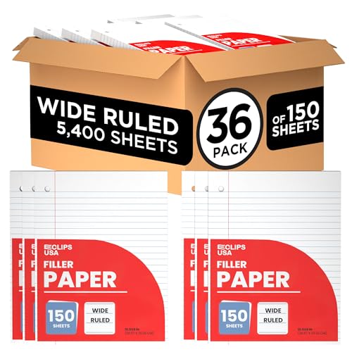 Wide Ruled Loose Leaf Paper Wide Ruled Notebook Paper Lined Writing Filler Paper 10.5” x 8” 56 gsm 5400 Sheets 150 Sheet Per Pack (36 Pack) - size: 36 Pack