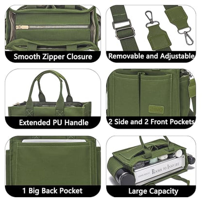 ZHMO Canvas Tote Bag for Women,Women's Bags Crossbody Bags Work Laptop Tote Bag Large Handbags Purse for Travel Nurse Teacher - color: New Upgrade Army Green With Compartments and Side Cup Holders