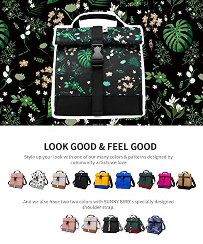 SUNNY BIRD Insulated Lunch Bag Rolltop Lunch Box (Floral & Foliage) - color: Floral & Foliage