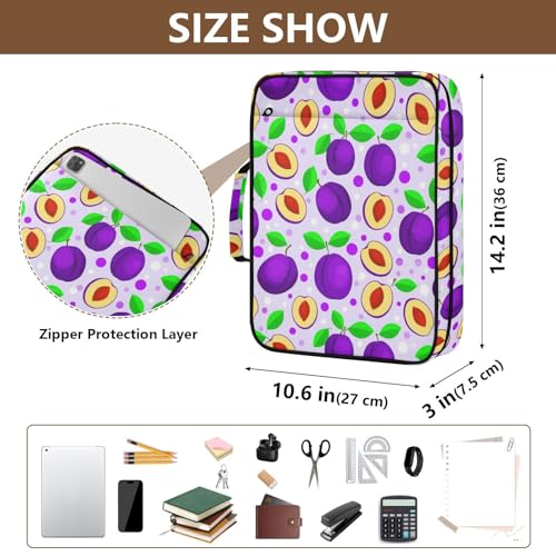 Heavy-Duty Notebook Case with 3-Hole Ring Board and 7-Slot Smart Filing Sleeve with Binder Pencil Pouch for Back to School, Purple Plums Green Leaves