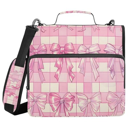 3 Ring Zipper Binder with Shoulder Strap Bow Tie Pink Buffalo Plaid 1.5 inch Binders Keeper Large Capacity Multi Pockets for School Office Supplies - color: Multi471, size: Fit 500 Sheets