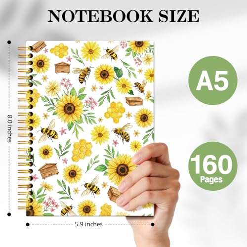 ERHACHAIJIA Sunflower & Bee Hardcover 160 Pages Lined Spiral Notebook, Funny Floral Ruled Journal for Women Flower Lover Bee Lover, Writing and Meditation Notebook Gifts, Mother's Day Birthday Gifts - color: Yellow-Brown