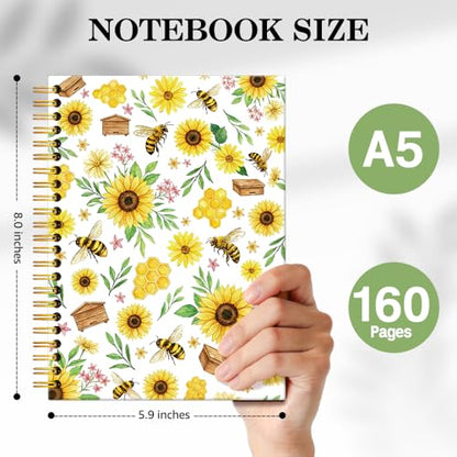 ERHACHAIJIA Sunflower & Bee Hardcover 160 Pages Lined Spiral Notebook, Funny Floral Ruled Journal for Women Flower Lover Bee Lover, Writing and Meditation Notebook Gifts, Mother's Day Birthday Gifts - color: Yellow-Brown