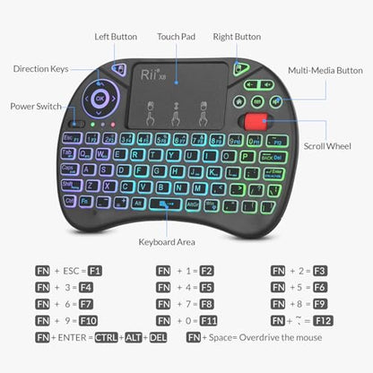 Rii X8 Mini Keyboard,Upgrade 2.4GHz Wireless and Bluetooth Keyboard with Touchpad,RGB Backlit,Rechargeable Battery for Android TV Box/Mac/PC/Nvidia Shield(2.4G+BT Version)