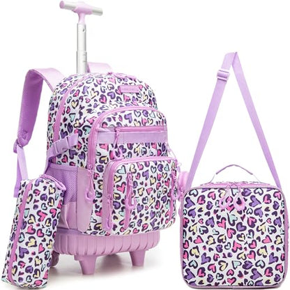 Kids Rolling Backpack with Wheels,3PCS Kids Trolley School Bag Set with Lunch Box & Pencil Case,Bookbag for Elementary School Travel - color: Purple Multicolor Love