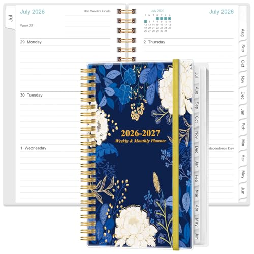 2026-2027 Pocket Planner/Calendar - 2026-2027 Planner from July 2026 - June 2027, Planner 26-27 with 12 Tabs, Twin-Wire Binding, Inner Pocket, 3.75" x 6.75, Blue Leaf Flower - color: Blue-Leaf-Flower, size: 3.75" x 6.75"