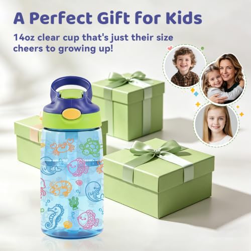 Sea Animals Gifts 14oz Kid Water Bottle with Straw - Leakproof BPA-Free Plastic Pop-Up Spout, Reusable Leak Proof Travel Bottle for Outdoor Sports - color: Ocean1