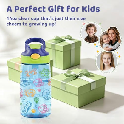 Sea Animals Gifts 14oz Kid Water Bottle with Straw - Leakproof BPA-Free Plastic Pop-Up Spout, Reusable Leak Proof Travel Bottle for Outdoor Sports - color: Ocean1