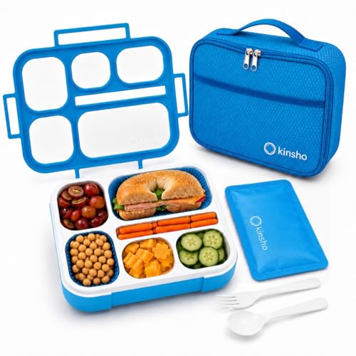 kinsho Lunch Boxes for Kids Boys Teens - Bento Box Set with Insulated Bag and Ice Pack, 6 Compartment Leak Proof Food Container, BPA-Free, Microwave Safe, Ideal for School & Work, Blue - color: Blue