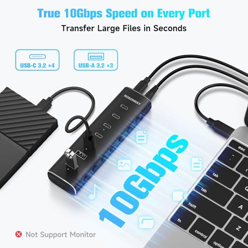 Rosonway 7 Ports Powered USB 3.2/USB C Hub 10Gbps with 4 USB-C 3.2, 3 USB-A 3.2 Ports, 3.3ft Cable and 36W(12V/3A) Power Adapter, Aluminum USB Splitter for Laptop, RSH-H7C4 - size: 7-Port Powered USB Hub