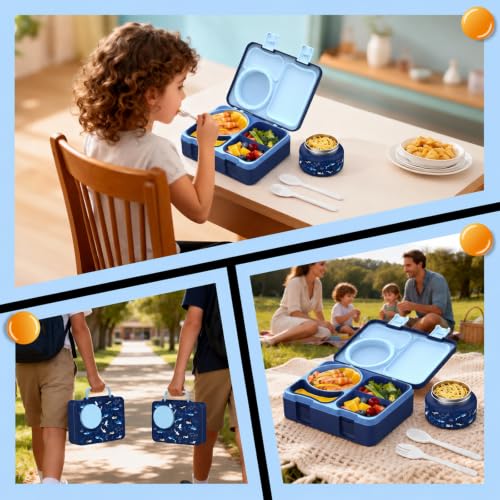 Kids Lunch Box with Thermo, Leakproof Bento Box for Kids with 8OZ Insulated Food Jar, Ice Pack, Sauce Cup, Utensils, Removable Tray & Dividers for School Daycare Travel (Sharks) - color: Sharks
