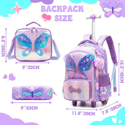 Girls Rolling Backpack with Wheels for Kids 3D Butterfly School Roller Backpack,Carry on Travel Luggage with Lunch Bag and Pencil Case for Girls Ages 5-12 - color: 01 Butterfly