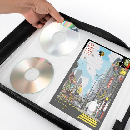 LIOVODE DVD Case 128 DVDs and 64 Booklets Capacity, CD/Blu-ray Storage Binder Case with Booklet Inserts Media Organizer Holder Black Blu ray Wallet for Car (128 Capacity) - size: 128 Capacity