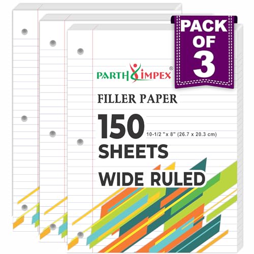 PARTH IMPEX Wide Ruled Loose Leaf Paper, 450 Sheets, 3 Hole Punched | 3 packs of 150 sheets, 56 gsm white filler notebook paper, 8" x 10.5" for 3-ring binders, school, home & office uses