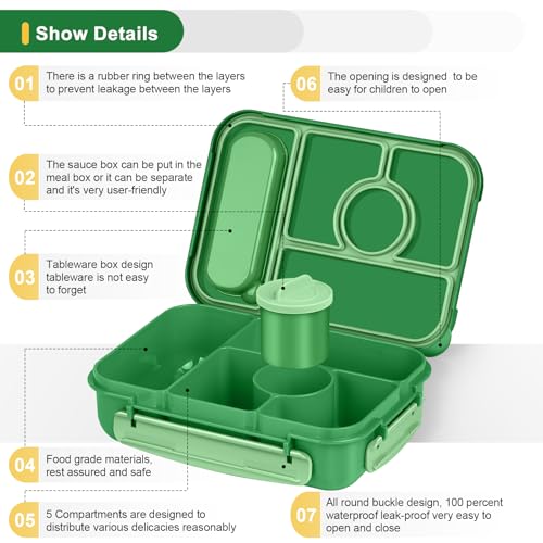 Amathley Bento Box Adult Lunch Box Kids,Lunch Containers for Adults/Kids/Toddler,5 Compartments Bento Lunch Box with Sauce Vontainers,Microwave & Dishwasher & Freezer Safe,BPA-Free (Emerald green) - color: Emerald Green