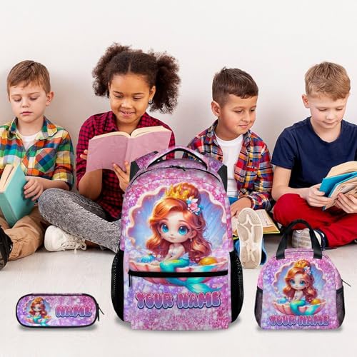 COZYAURA Personalized Mermaid Backpack for Girls with Custom Name - 3-Piece School Bag Set with Insulated Lunch Box & Pencil Case for Kindergarten & Elementary Students - color: Blue