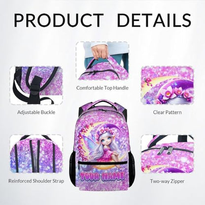 COZYAURA Girls School Backpack Personalized with Name - 3-Piece Backpack Set with Insulated Lunch Box & Pencil Case, Fairy Design for Kindergarten & Elementary Students - color: Pink
