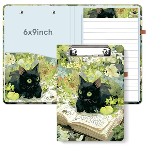 A5 Clipboard Folio 6x9in Refillable for School, Reading Cat | No-spiral reusable notepad portfolio with sturdy cardboard cover, Travel-friendly for work, school and office - color: Reading Cat