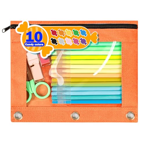 Forvencer Pencil Pouch for 3 Ring Binder, Large Pencil Case Pouch with 3 Reinforced Grommets, Pen Bag, Clear Window Pencil Case, Binder Accessories, Tangerine - color: Tangerine, size: 1 Pack