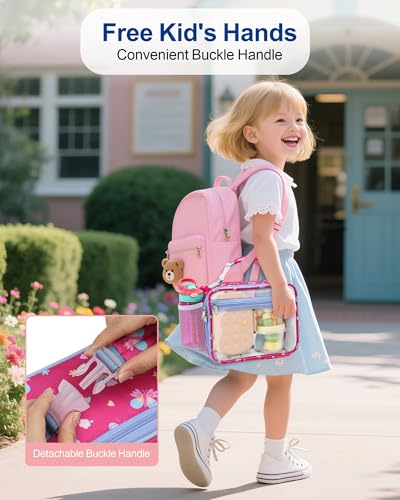 Bagseri Clear Kids Lunch Bag - School Snack Bag with Bottle Holder | Side Pocket, Buckle Handle, Wide Opening, PEVA Lining, School Kids Lunch Box, Clear Toy Bags, Pink Butterfly - color: A-rosepink butterfly
