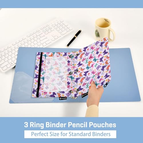Butterfly Lavender Binder Pouches 3 Ring for Boys Girls School Office College Supplies Purple Rose Flower Pencil Pouches Case Bag with Clear Window and Zipper 2 Pack - color: Butterfly