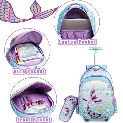 Meetbelify Girls Rolling Backpack Wheels Backpacks Kids Luggage for Elementary Preschool Students Cute Suitcase Trolley Trip Wheeled Mermaid Backpack with Lunch Box for Girls - color: 01 Blue Mermaid